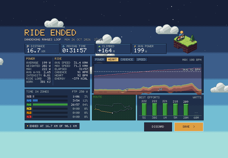 The game on an iPad: the summary after a ride, with power, heart rate, zones and best efforts.